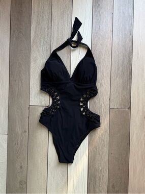 Profile black halter one-piece monokini swimsuit